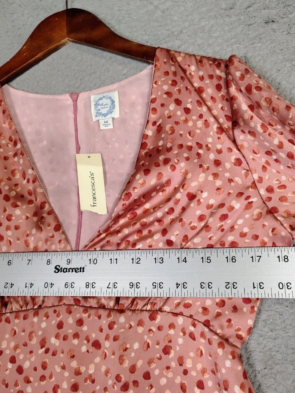 Francesca’s Blue Rain Mini Dress Women M Pink Dotted Print Satin Puff Sleeve NWT - Picture 9 of 11